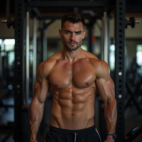 The most beautiful and most handsome brunette man, muscles, sweat, in gym