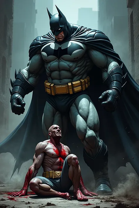  extremely large, muscular, gigantic,  breaking the back of his enemy Bane ,  who is bleeding in his arms while he breaks his back with his leg, like in the comic . Batman es gigantic, monstrous.