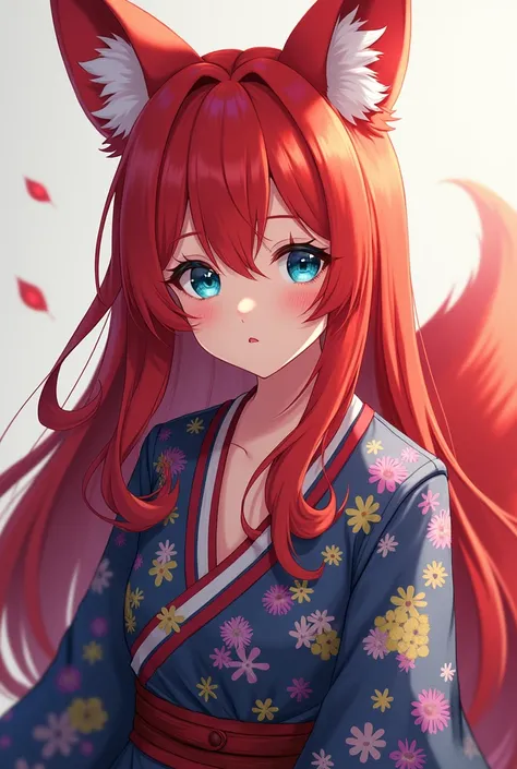 An anime girl,  has ears and tail like a red-haired fox.  She has long hair of the same color . He has blue eyes, red pieces. He is 18 years old. She wears a colored tunic made of fabric .