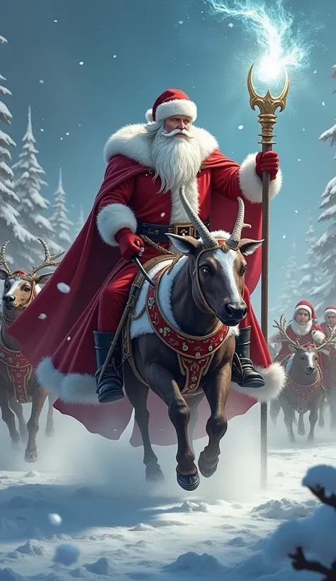 Guardian of the Reindeer
A muscular Santa Claus riding a combat sleigh pulled by giant, glowing-eyed reindeer. He wears a velvet red cloak fitted over his defined torso and wields a shining staff that summons snowstorms. Behind him, his army of trained hel...