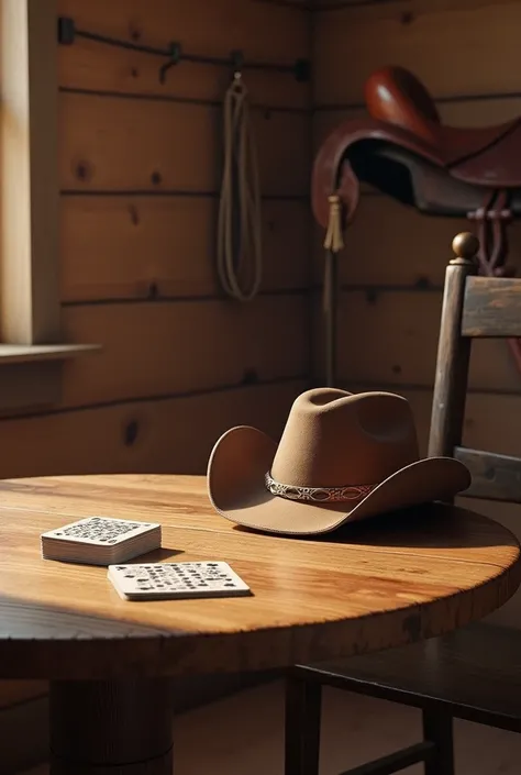 A ROUND TABLE WITH CARD SET AND COWBOY HAT,  IN THE BACKGROUND WOODEN WALL WITH DETAILS OF A RANCH, A HANGING LOOP ,  A REIN AND HORSE SEAT