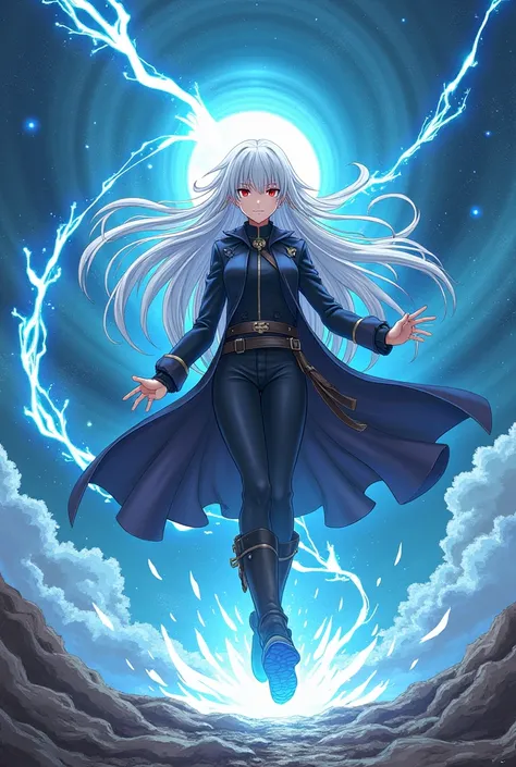 teenage character, From the anime Isekai , long and white hair, blue eyes or red , serious,  space gravity-like magic,  manga style , various positions