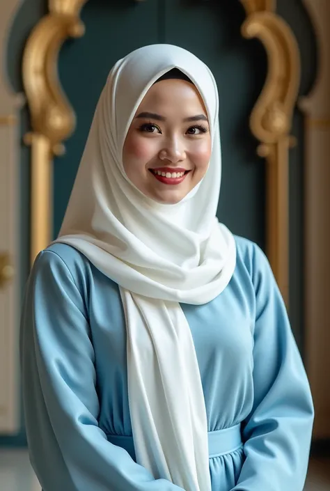 A beautifully malay-thai woman wearing hijab with fair skin and red lips, chubby cheeks, featuring a perfectl clad in a sleek (((white and blue dress))), accessorized, elegantly posed with a warm smile. The scene is set against a with intricate details tha...