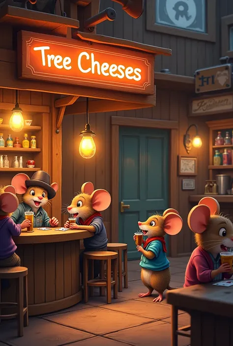 Old western bar for mouses. On the name board is written "tree cheesees" Cartoon 