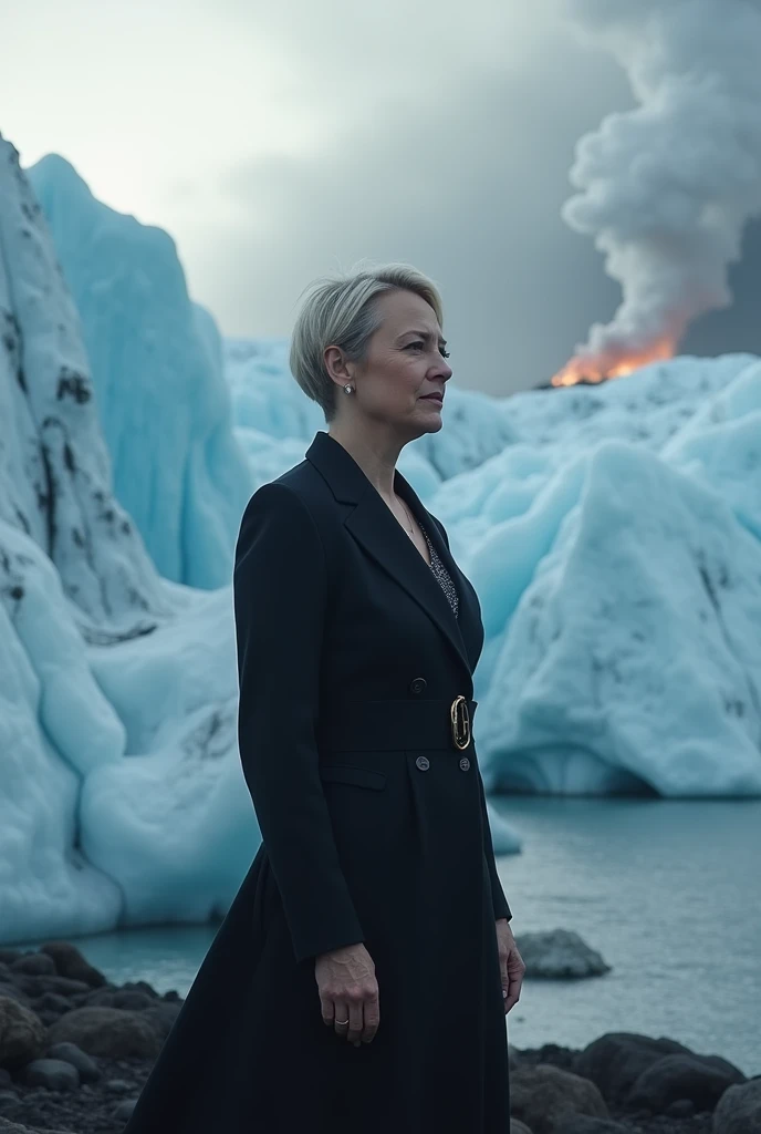 Prime Minister of Iceland, An elegant figure in formal dress stands in front of a dramatic Icelandic landscape of glaciers and volcanic vapors.

