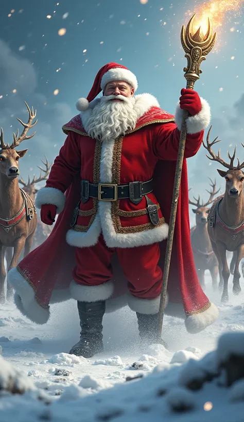 
A muscular Santa Claus riding a combat sleigh pulled by giant, glowing-eyed reindeer. He wears a velvet red cloak fitted over his defined torso and wields a shining staff that summons snowstorms. Behind him, his army of trained helpers fights fiercely to ...