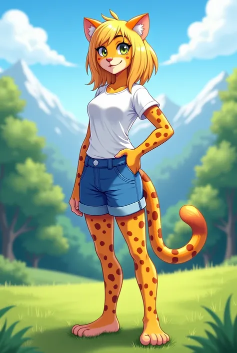 ((masterpiece)), ((best quality)), (illustration, cartoon, colorful), furry female, cheetah, felid, feline, mammal, anthro, blonde hair, clothing, female, fur,  hair, solo, white short sleeve shirt, blue shorts, barefoot, (((long shot, full body portrait))...