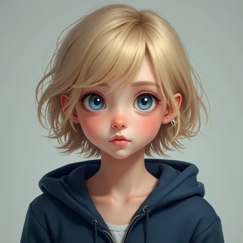 white teenage girl, short gold short hair ,  cat blue eyes ,  Wear a navy blue hoodie zip-up and wear a hoodie, Upper body only, Solid color background.