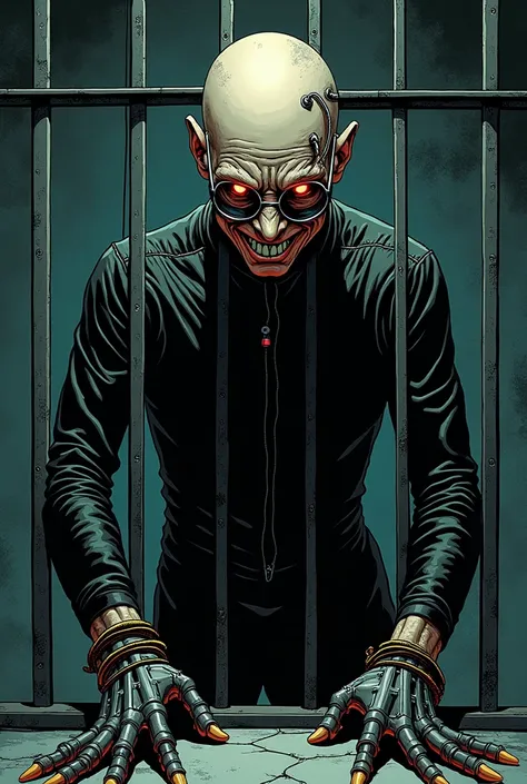  Make a man standing inside a dimly lit cell with reinforced grids , That he be tall , thin, bald,  with very big red eyes ,  with glasses and thick lenses with metal rods .  Implant cybernetics and wires on his head that come out of his skull and connect ...