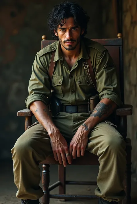 A man with black hair and dark green eyes, He wears soldiers clothes and carries a gun with him, Hes sitting on an old chair in an old hut, He is muscular and quite attractive. Semi realistic style Skin texturizada, Boca fechada, Apocalipse, 