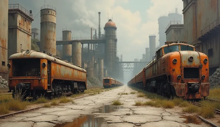 Classic oil painting dystopian dieselpunk post-apocalyptic. No characters. With wrecked trains. Rust puddles and destruction .vehicles. cement factory.