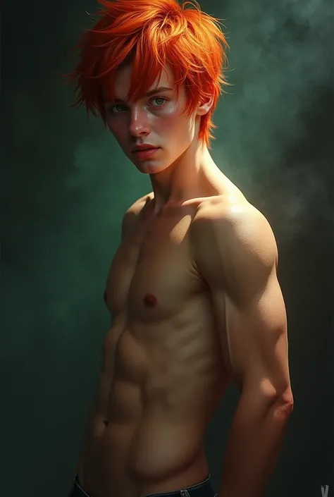 Generate an imagen of a hot young and wild boy in a sexy skimpy outfit. The boy has to have red hair and beautiful green eyes.