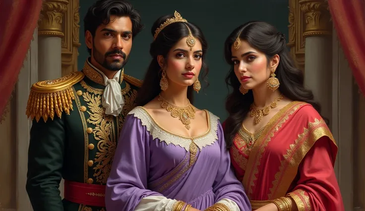 Prince Vijaypal lived with his wife Queen Narmada and their beautiful yet arrogant daughter, Princess Megha.. wearing purple long dress, gold jewellery, and standing with arrogant, shes very beautiful, and egoistic, 