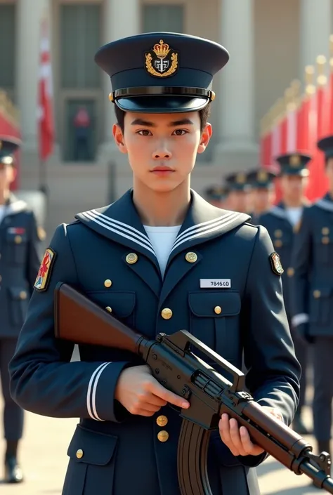 4k, ultra realistic, a young sailor in traditional dark blue escort uniform armed with a Type 56 assault rifle, standing guard during a ceremony.
