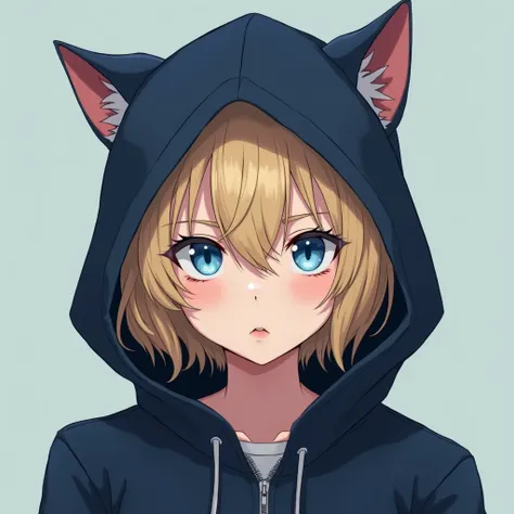 white teenage girl, short gold short hair ,  cat blue eyes ,  Wearing a navy blue hoodie zip-up hood, Upper body only, Solid color background.