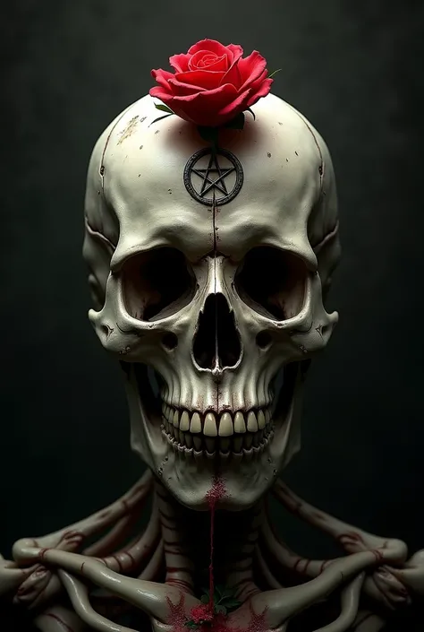 A skull pierced through with a rose, a pentagram on the forehead, black background