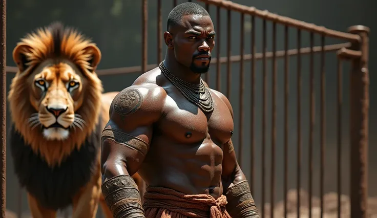 black african gladiator with a lion sign behind him in cage saying:DONT BE A WEAKLING
