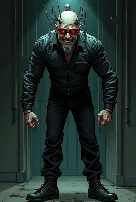 Make a man standing inside a dimly lit cell, That he be tall , thin, bald,  with very big red eyes ,  with glasses and thick lenses with metal rods .  On the head, implant cybernetics and wires that come out of your skull and connect to a black rubber jump...