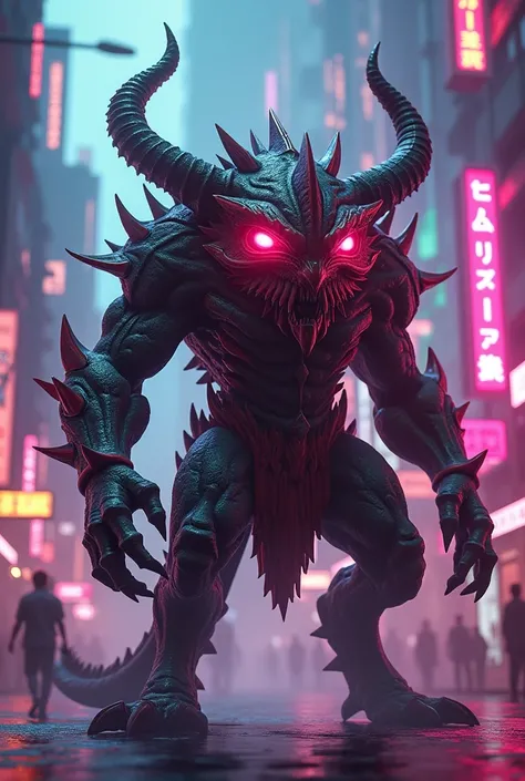 Fusion of Maj Embuk and Batamam with red eyes in a city with purple and green neon lights 