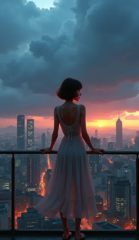 A young woman wearing a stylish dress is standing on a rooftop terrace in São Paulo, looking out at the citys sprawling skyline. She has short brown hair, delicate features, and brown eyes, with a calm and contemplative expression. The sky above is dramati...