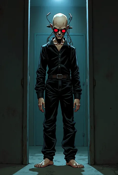 Make a man standing inside a dimly lit cell, That he be tall , thin, bald,  with very big red eyes ,  with glasses and thick lenses with metal rods .  On the head, implant cybernetics and wires that come out of your skull and connect to a black rubber jump...