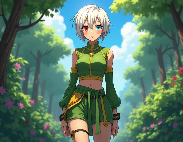 anime, garden background, full body, a 16-year-old young woman, 1.65 meters tall, white skin, short white hair with a punk cut, the right eye is red and the left eye is blue, wearing Toph Beifongs clothes from the series "The Legend of Aang"