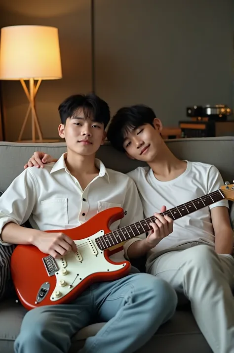 Korean character image
20 years old
Older brother in white shirt
Comfortable pants, play clothes
Playing Gusta GST-01 HSS electric guitar
Sitting on the sofa, complete with equipment
Another male friend is resting his head on his lap, looking happy
Both ar...