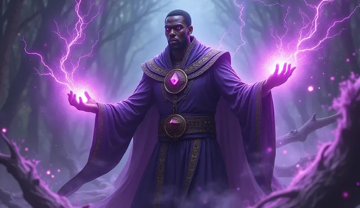 black african wizard with purple eyes energy coming out his hands
