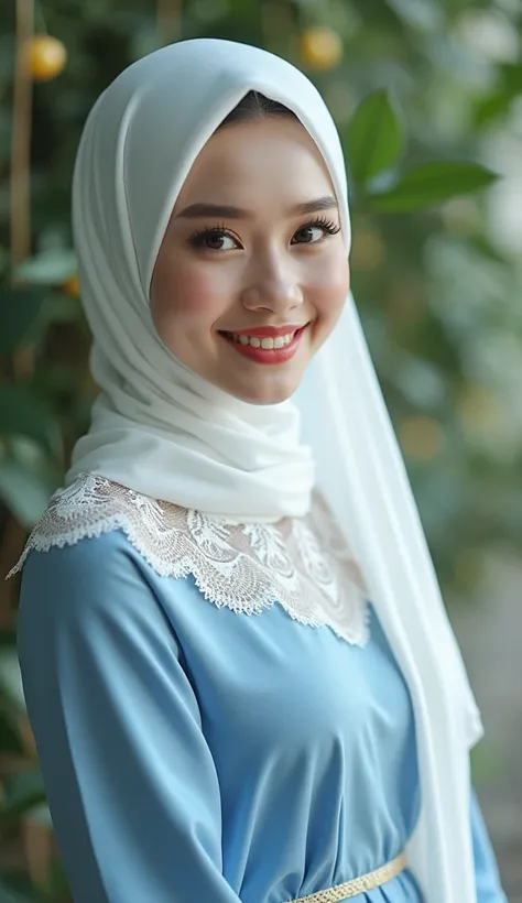 A beautifully thai woman wearing modern hijab khimar namira ,little lace, with fair skin and red lips, chubby cheeks, featuring a perfectl clad in a sleek (((white and blue dress))),natural make up, elegantly posed with a warm smile. The scene is set again...