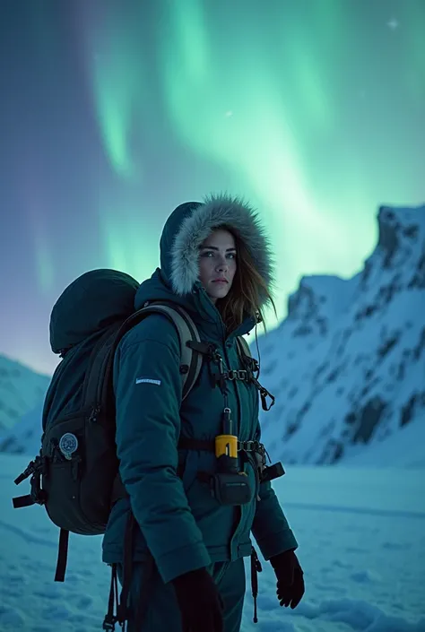 A female researcher on a massive glacier, accompanied by aurora borealis in the sky . Glacier researcher from Iceland looks at the camera