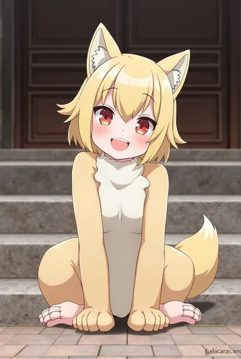 score_9, score_8_up, score_7_up, score_6_up, source_anime, rating_safe, furry female, solo, dagasi_style,, furry, temple, wolf boy, sitting, low view, from behind, soles at spectator, showing soles, grinning, paws, 3 toes, barefoot, paws