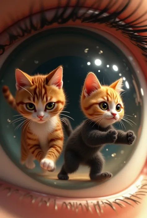 In the reflection from the eye you see two cats playing with each other.