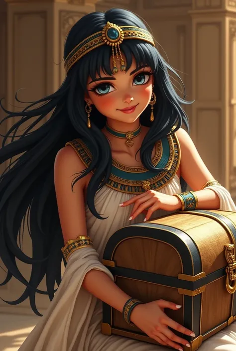 A beautiful black-haired, blue-eyed woman wearing an ancient Egyptian costume hugged a  big treasure chest, smiling affectionately.