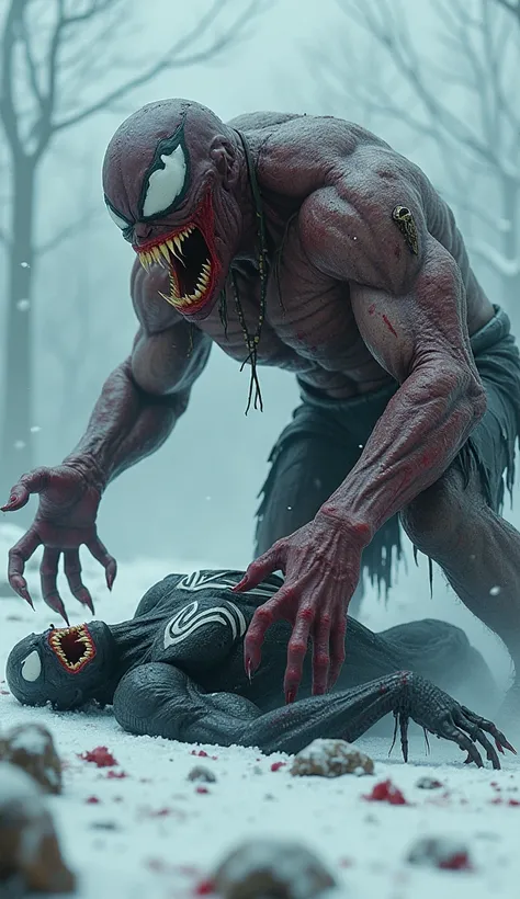 A photorealistic image of A large, ferocious-looking zombie with sharp teeth and claws standing over a superhero venom laying helpless through a snowy landscape