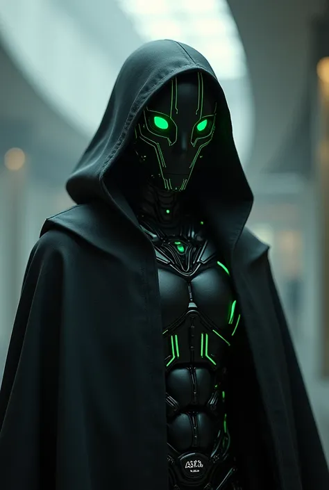 Robot futuriste avec une longe cape noir et des yeux verts fluorescent 