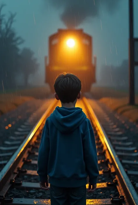 epic 3d photo , rain, ALL DARK,  a train with lights shining , boy in a blue sweatshirt being illuminated by the yellow lights of the train lights on the tracks watching the train that is about to pass