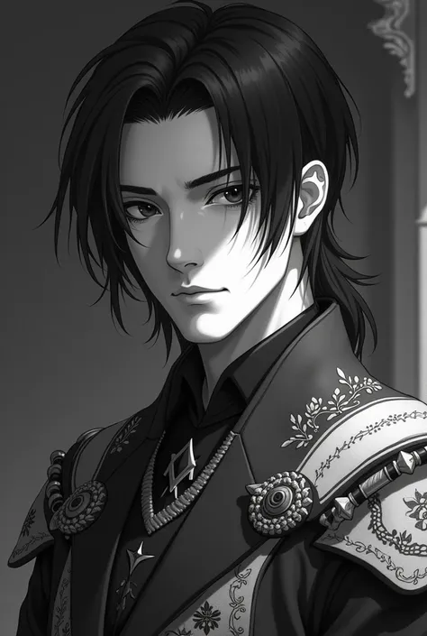 Male aristocrat, European, prince, 45 years old, warrior, black and white pencil drawing, male dressed in embroidery, shoulder-length hair, wolf haircut, looks directly at the camera, thin, narrow shoulders, black hair, black eyes, golden section, standing...