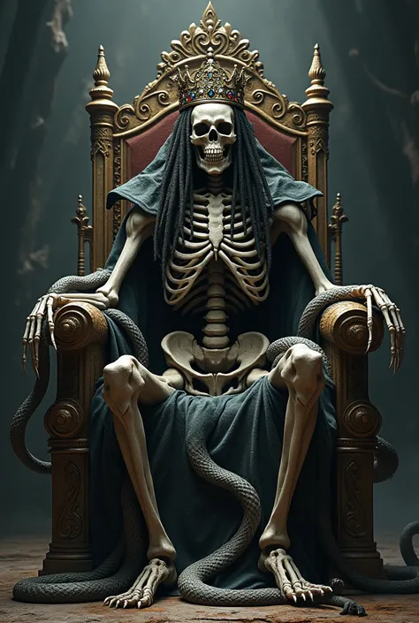 Skeleton King with Dreadlocks and a crown on his head. Sitting in his throne with snakes all over him