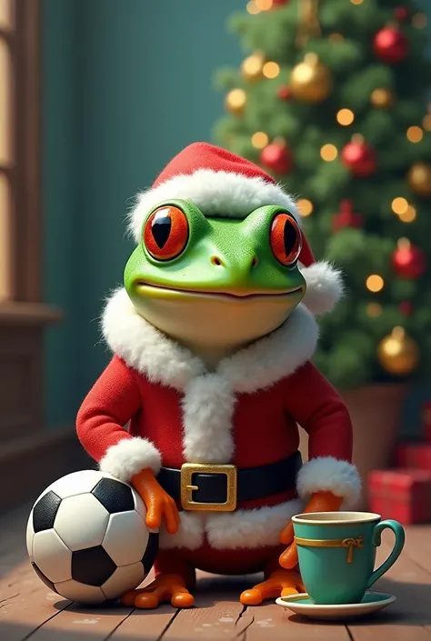 christmas wallpaper, with a soccer ball, A frog dressed as Santa Claus, a Christmas tree and a cup