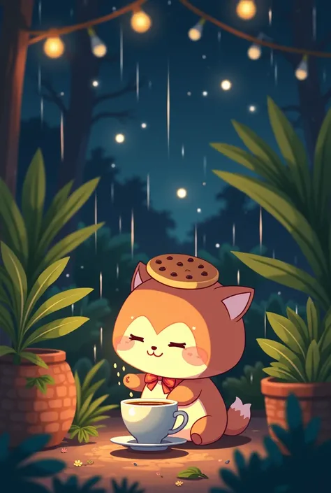 a small magical animal with a cookie on its head, with its eyes closed drinking hot tea, taking shelter from the rain under large leaves of ornamental plants, with a lofi anime gibli style theme, surrounded by bright fairy lights and fireflies, a starry ni...