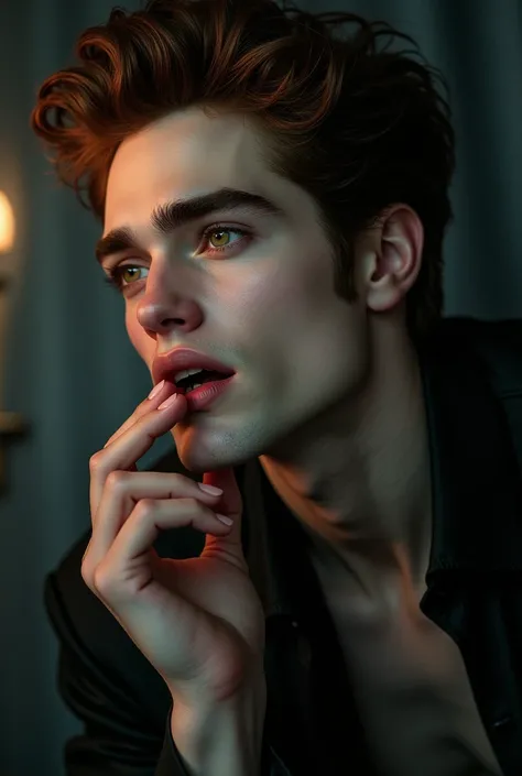 EDWARD CULLEN FROM TWILIGHT SENSUALLY BITING HIS FINGER WITH HIS FINGER IN HIS MOUTH

