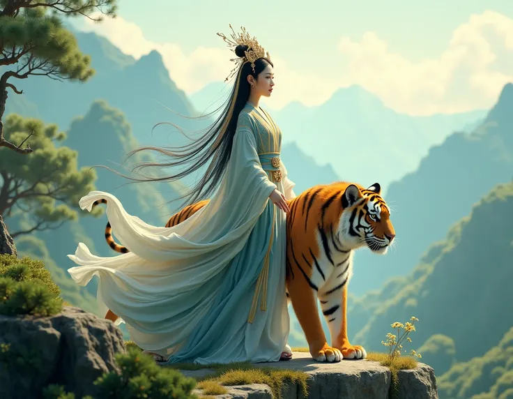 Korean goddess accompanied by a tiger on a mountain