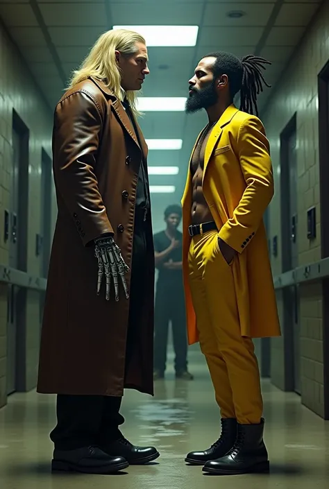  A strong and muscular man passes by , long-haired blonde , robotic hands,  Dressed in a muscular brown leather overcoat ,  black dress shirt and buttons ,  black pants ,  has a serious face .  Next to him make a black man a little shorter , With Rastafari...