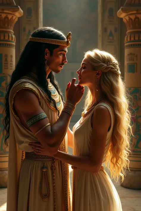 The Egyptian god kissed the hand of a very beautiful blond-haired, blue-eyed woman wearing ancient Egyptian clothing.