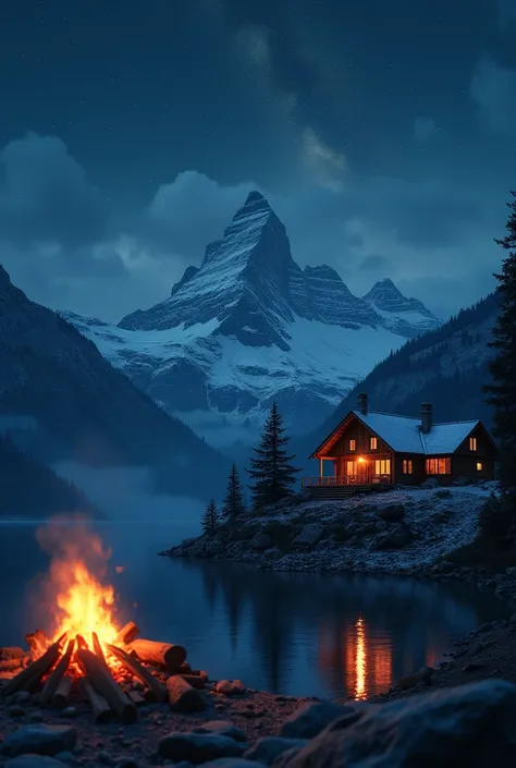  An ultra realistic representation of a house on top of a mountain ,  in front of a serene lake , At night.  The image shows the house illuminated by the soft light of the windows ,  while a bonfire shines in front of the house , reflecting on lake .  The ...