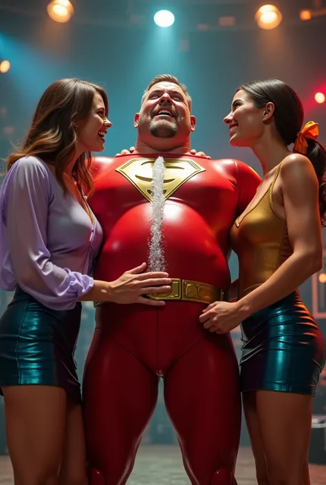 A dynamic scene captures three characters in vibrant costumes from a low angle. The central figure is a 55-year-old beefy superhero in a shiny red suit with white accents, featuring a golden belt and a prominent emblem with a specific mark surrounded by a ...