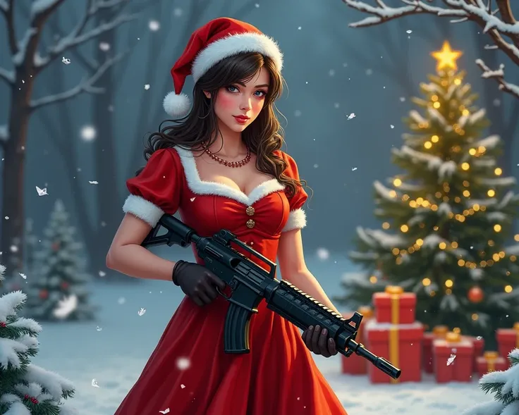 female character from the game counter strike 1.6, in a playful style, art, woman in red dress, with a large neckline, with weapons in hand,  snow , Christmas trees, Garland, present, полностью игровой art стиль, weapon skins are visible from gifts