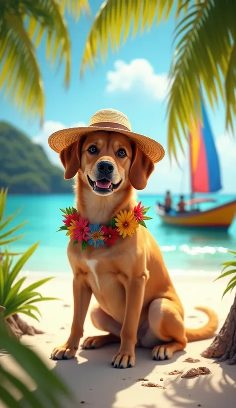 Philippines (Island Explorer Dog)
A tan-colored dog with short fur and a curious, adventurous expression sits on a white sandy beach surrounded by tropical plants. A festive floral garland of red, yellow, and orange blooms is draped around its neck, celebr...