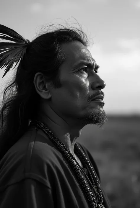 I would like to create the face of an indigenous Charrúa Aboriginal man of 48 years old with long hair and feathers with an expression of thought looking towards the horizon with greyscale photographic light 