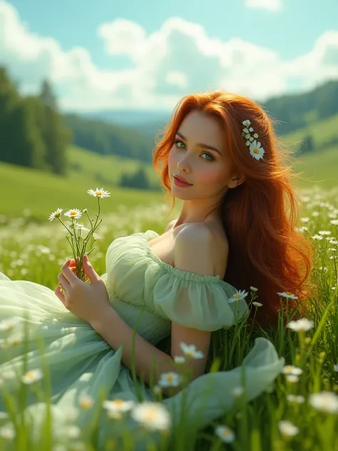 Create a breathtaking and sensual image of a woman in a lush, green meadow, surrounded by blooming wildflowers on a gentle March morning. She is adorned in a flowing, sheer pastel green or soft lavender dress that subtly reveals her silhouette, enhancing h...